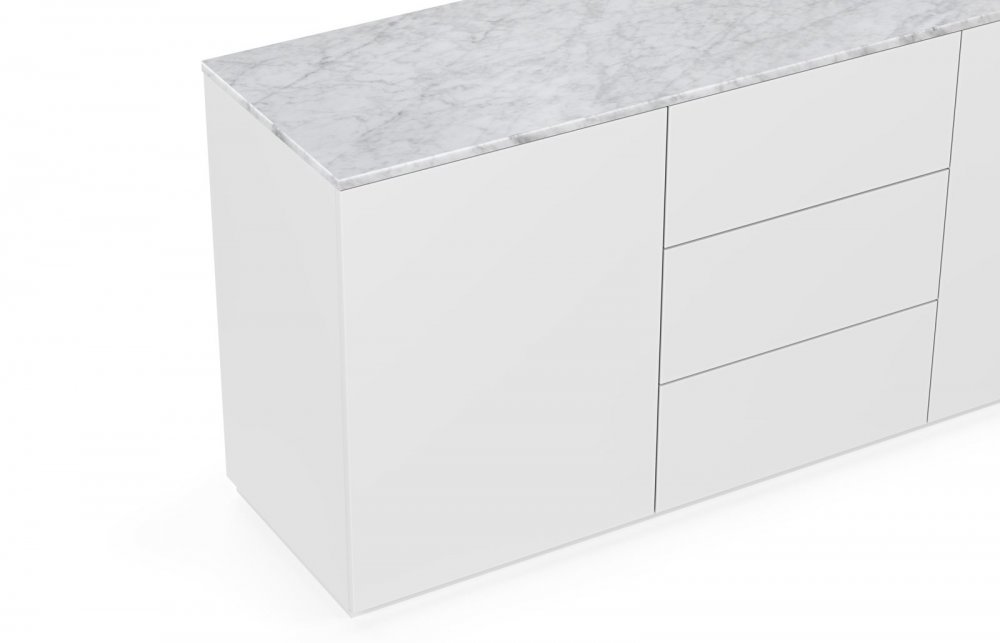 Buffet WHITY 2 blanc mat 180cm 2 portes/3 tiroirs Plateau en Marbre blanc